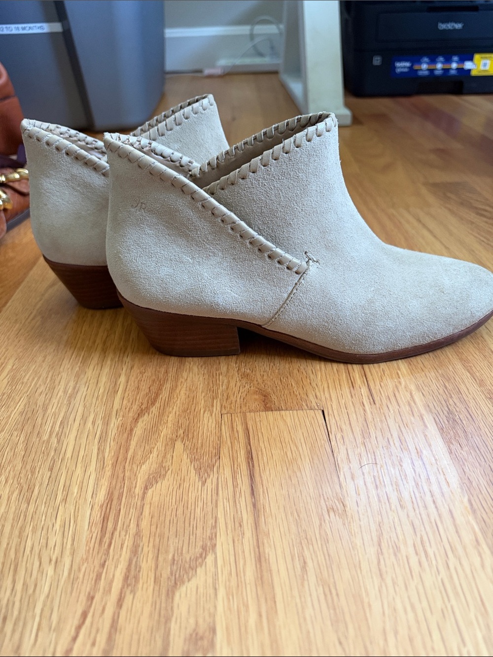 Jack Rogers Cream Suede Ankle Booties with Stitched Trim